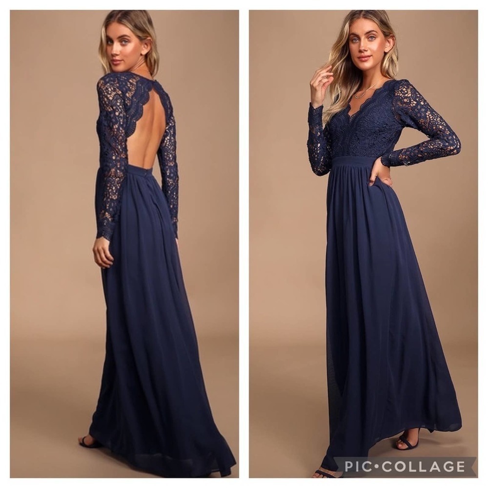 Lulus Awaken My Love Navy Blue Long Sleeves Lace Maxi Dress‎ Size Medium New